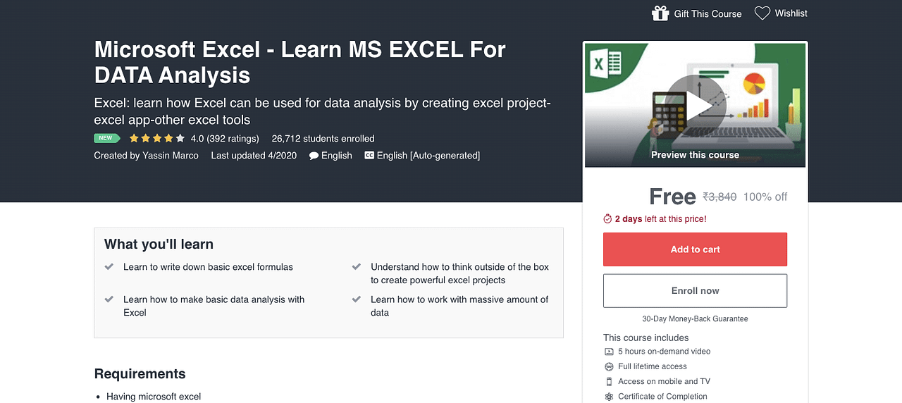 learn excel for data analytics for free